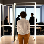 **Prompt:** A diverse group of office workers in a modern, open-plan office setting, subtly connected by glowing, almost invisible lines or a network overlay. One new employee, observing intently, is shown understanding these "invisible threads" of informal communication and organizational culture. Emphasize the concept of unspoken rules and informal leadership. Realistic, professional, with a touch of abstract visual metaphor.