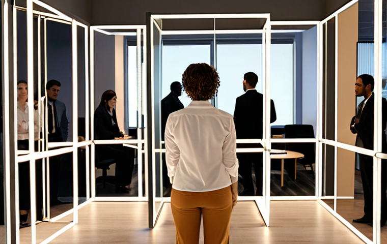 **Prompt:** A diverse group of office workers in a modern, open-plan office setting, subtly connected by glowing, almost invisible lines or a network overlay. One new employee, observing intently, is shown understanding these "invisible threads" of informal communication and organizational culture. Emphasize the concept of unspoken rules and informal leadership. Realistic, professional, with a touch of abstract visual metaphor.