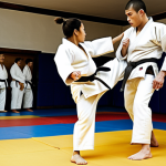 **A Judo sparring session in progress.** Two Judokas are engaged in a dynamic throwing technique. Focus on the intensity and focus in their eyes. Ensure proper safety measures are observed, such as controlled movements and awareness of surroundings.