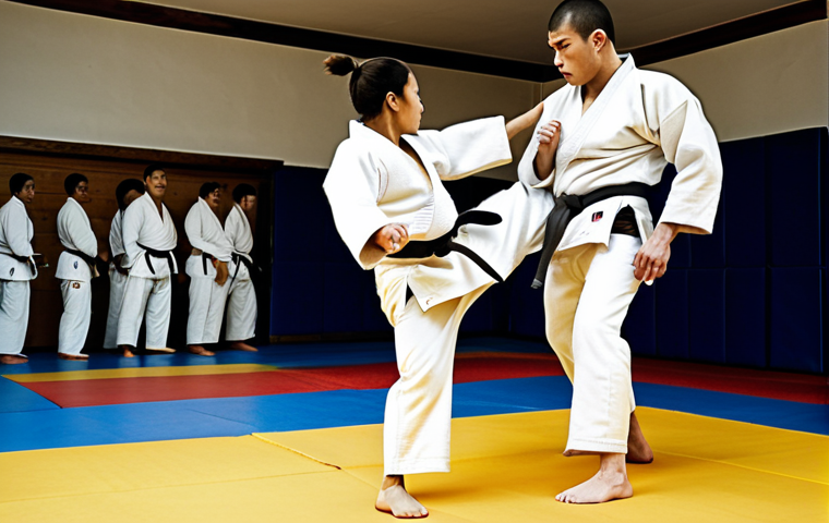**A Judo sparring session in progress.** Two Judokas are engaged in a dynamic throwing technique. Focus on the intensity and focus in their eyes. Ensure proper safety measures are observed, such as controlled movements and awareness of surroundings.